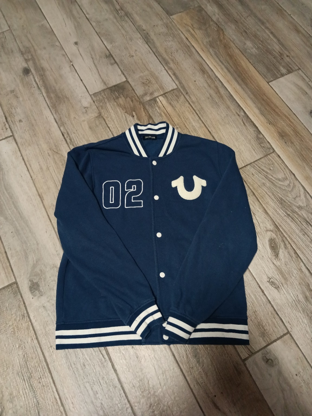 True Religion Navy and White Varsity Bomber Jacket